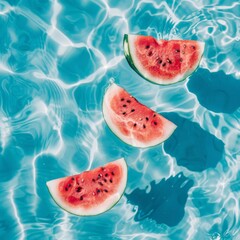 A few watermelon slices floating on the clear blue sea