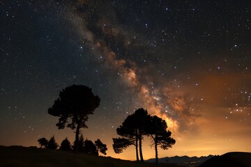 Stunning night landscape with the Milky Way galaxy and silhouettes of trees under a starry sky.