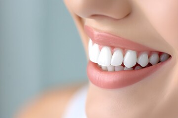 Obraz premium Close-up of a smiling woman's perfect white teeth showcasing dental health and hygiene.