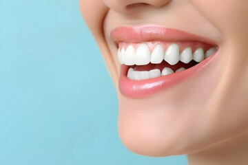 Obraz premium Close-up of a smiling woman's mouth with perfect white teeth against a blue background.