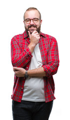 Young caucasian hipster man wearing glasses over isolated background looking confident at the camera with smile with crossed arms and hand raised on chin. Thinking positive.