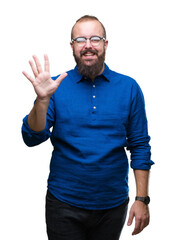 Fototapeta premium Young caucasian hipster man wearing glasses over isolated background showing and pointing up with fingers number five while smiling confident and happy.
