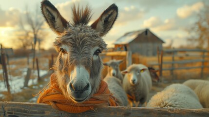 Fototapeta premium Friendly Donkey With Sheep at Rural Farm During Golden Hour