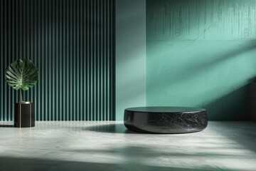 Black and jade podium with minimalist lines background, modern elegance, product feature