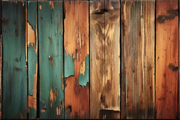 Old colored painted wooden boards. Colorful wood background. Texture of ancient wood with cracked paint of white, red, orange, yellow, cyan and blue color. Abstract grunge wood texture background.