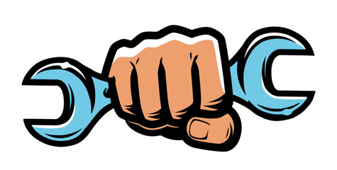 Repair shop, service emblem or symbol. Tool spanner in fist. Working hand with wrench. Vector illustration