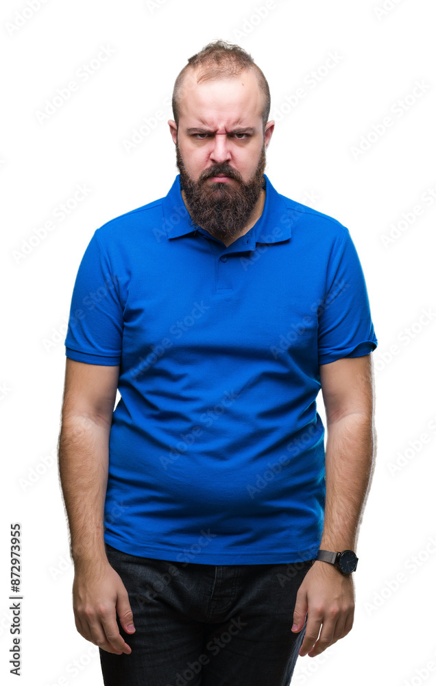 Poster Young caucasian hipster man wearing blue shirt over isolated background skeptic and nervous, frowning upset because of problem. Negative person.