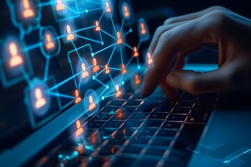 Naklejka premium Hand interacting with virtual network on laptop keyboard, highlighting digital communication