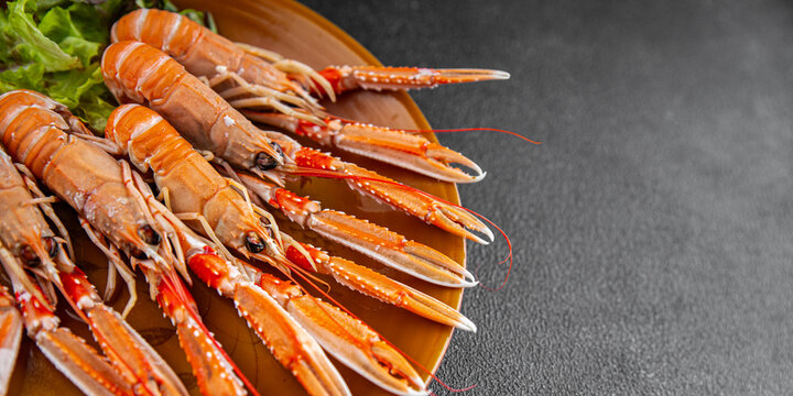 langoustine tasty seafood shrimp prawns delicious fresh meal food snack on the table copy space food background rustic top view keto or paleo diet Pescetarian