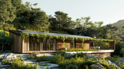 Obraz premium Minimalist front design of a sustainable eco-home with a green roof, wooden cladding, and solar panels, set in a natural, forested environment.