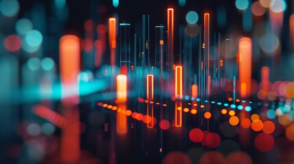 Panoramic view of financial charts on a dark background with blurred elements and selective focus, ideal for business analytics, stock market analysis, and economic data visualization concepts with am