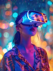 portrait neon gril wear VR glass with glowing and Hawaii shirt, cityscape blur background