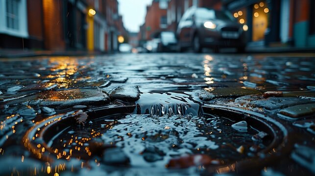 Water Flowing Through a Drain on a Wet Cobblestone Street in the City
