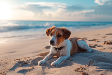 A cute dog is lying and resting on the beach, surrounded by soft sand and gentle waves in the background.