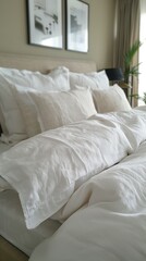 Soft white cozy blanket on bed, hypoallergenic duvet, serene and tranquil bedroom atmosphere