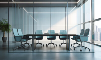A view of an empty conference room in a minimalistic interior style and luxurious atmosphere.