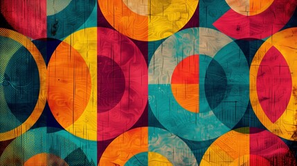 Fototapeta premium Retro-inspired pattern, bold geometric shapes, vibrant colors, and distressed background.