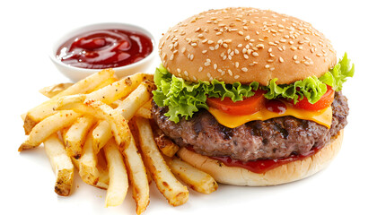 Delicious burger with beef patty, tomato sauce and french fries isolated on white