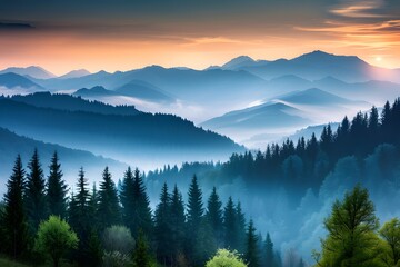 Obraz premium Stunning panoramic view of misty mountains at sunrise with lush green pine trees and layers of fog.