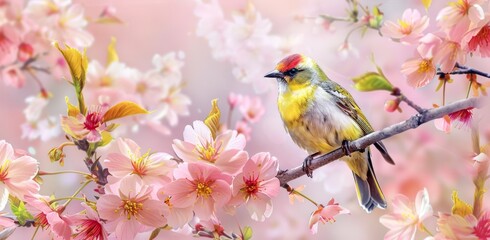 A colorful bird perched on the branch of an elegant cherry blossom tree.