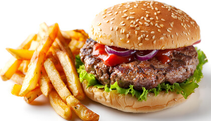 Delicious burger with beef patty, tomato sauce and french fries isolated on white