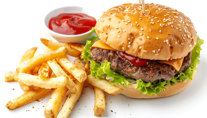 Delicious burger with beef patty, tomato sauce and french fries isolated on white