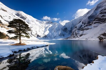 Solitary tree by a serene snowy lake with majestic snow-covered mountains under a bright blue sky.