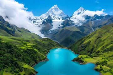 Aerial view of blue lake, green valleys, and snow-capped mountains under a clear blue sky