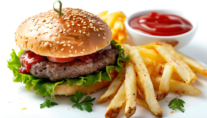 Delicious burger with beef patty, tomato sauce and french fries isolated on white