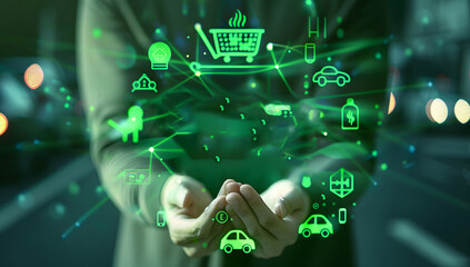Green energy concept. A person holds a virtual screen of the green energy icon for renewable energy. Sustainability development and global green business concept design