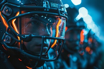 Football player wearing a helmet with neon lights. Close-up shot. Sports concept.