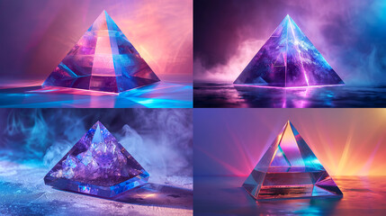 Stunning Pyramid Sculpture in Purple and Blue Plastic and Glass - Front View, Professional Lighting, Product Photography