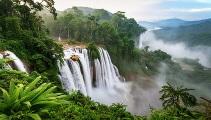 Naklejka premium A dense tropical rainforest with a cascade of multi-tiered waterfalls, creating a scene full of humidity and natural beauty.