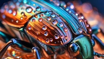 Macro close-up of a beetle's chitinous carapace, with sharp details and light reflections creating an abstract image of a protective structure