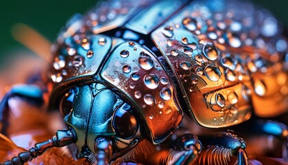 Fototapeta premium Macro close-up of a beetle's chitinous carapace, with sharp details and light reflections creating an abstract image of a protective structure