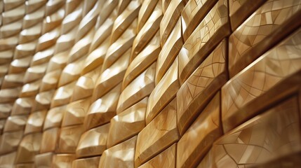 Wall adorned with an intricate arrangement of wooden tiles, Each tile is uniquely shaped with a rough, textured surface, and they are arranged in an overlapping pattern that creates a dynamic 3D. 