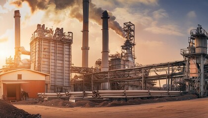 Fototapeta premium Photo of an industrial scene with a factory in the background. Metal structures, machines, smoking chimneys