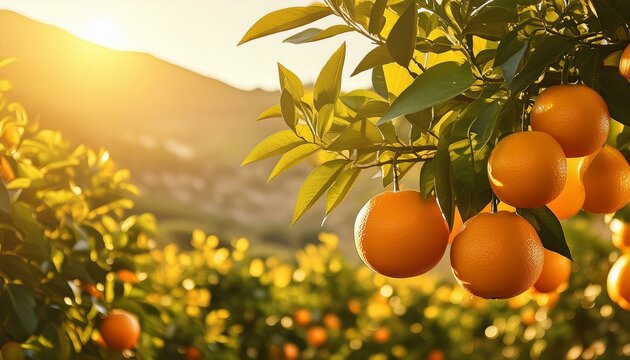 Photo of citrus trees in the California sun. Juicy fruit, bright green leaves, warm light.