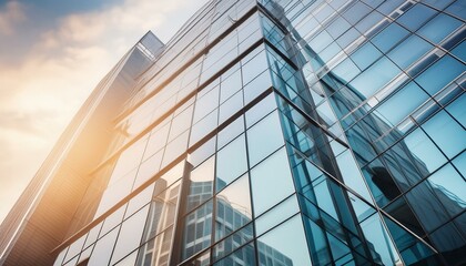 Photo of modern architecture with glass facades. Elegant lines, reflections in the glass, clean forms.
