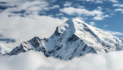 Photo of a snow-capped mountain peak in the clouds. Cool shades, majestic height, icy formations.