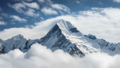 Photo of a snow-capped mountain peak in the clouds. Cool shades, majestic height, icy formations.