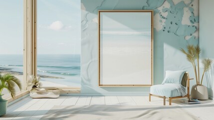 Modern minimalist empty canvas in an airy beach house with ocean views and light blue accents, natural wood frame, perfect for coastal-themed art and ad mockups.