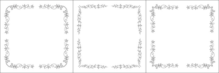 Set of three vegetal elegant black and white ornamental frames with leaves, decorative border, corners for greeting cards, banners, business cards, invitations, menus. Isolated vector illustration.	