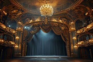 Obraz premium Opulent Theater Stage with Chandelier. Luxurious theater stage with grand curtains and ornate chandelier, illuminated by spotlights, showcasing elegant architectural details.