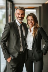 A man and a woman are posing for a picture in a business setting. The man is wearing a suit and tie, while the woman is wearing a black jacket and a white shirt. They both have smiles on their faces