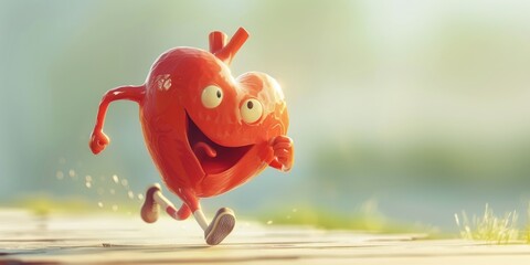 Naklejka premium Animated Heart Running with Joy. A cheerful animated heart character running joyfully with a big smile, set against a blurred outdoor background. Banner with copy space