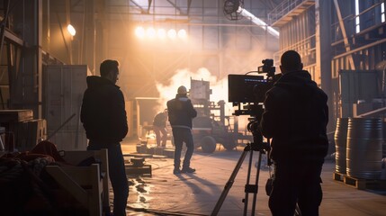 Fototapeta premium Film crew working in an industrial warehouse where production takes place.