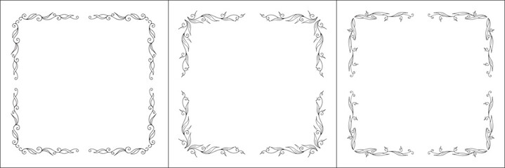 Set of three vegetal elegant black and white ornamental frames with leaves, decorative border, corners for greeting cards, banners, business cards, invitations, menus. Isolated vector illustration.	