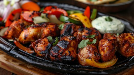 A sizzling platter of tandoori chicken marinated in yogurt and spices, served with grilled vegetables