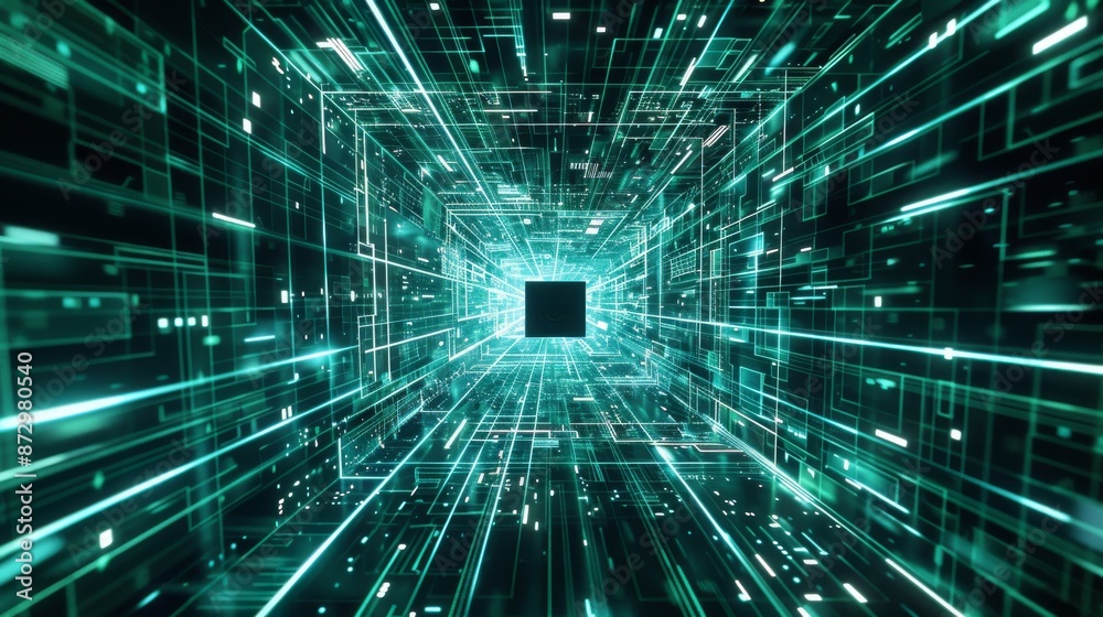 Poster 3d rendering of a sci-fi abstract warp tunnel with particle grid. graphic for data center, server, i